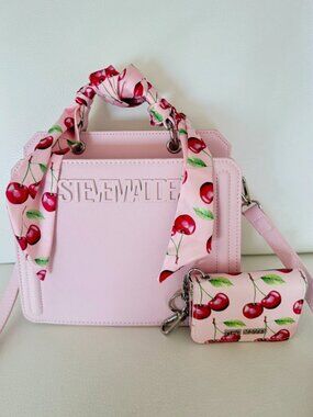 NWT STEVE MADDEN BEVELYN SCARF SATCHEL CROSSBODY BAG CHERRIES SCARF WALLET PINK